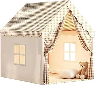 Kids Tent Playhouse with Star Lights and Tote Bags, Kids Play Tent Indoor & Outdoor, Washable Teepee Tent for Boys & Girls,Toy House for Toddler, Neutral Color Play Room Furniture (Beige-2)