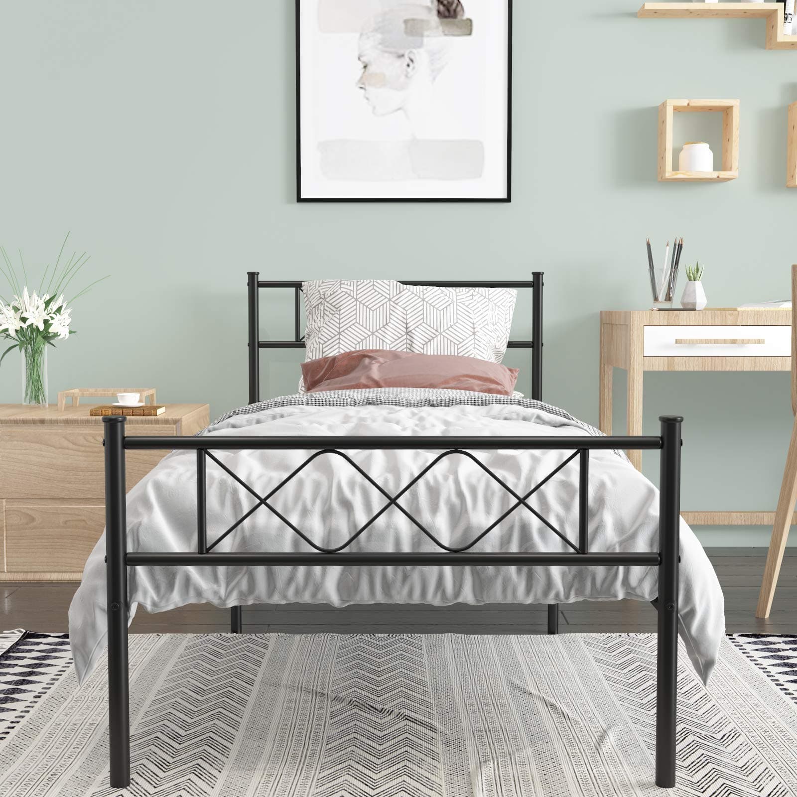 Metal Platform Bed Frame with Two Headboards Mattress Foundation/Slat Support/No Box Spring Needed, Twin Black