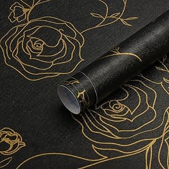 Timeet Self Adhesive Wallpaper Black Contact Paper Golden Rose Floral Line Print Peel and Stick Wallpaper 44x1000cm Removable Sticky Back Plastic Roll Waterproof Vinyl Film for Furniture Wall Cabinets