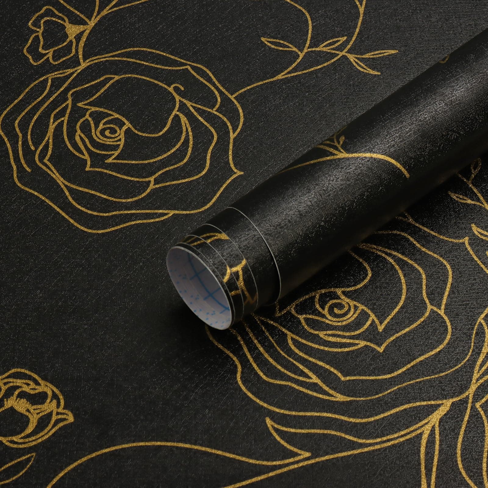 Timeet Self Adhesive Wallpaper Black Contact Paper Golden Rose Floral Line Print Peel and Stick Wallpaper 44x1000cm Removable Sticky Back Plastic Roll Waterproof Vinyl Film for Furniture Wall Cabinets
