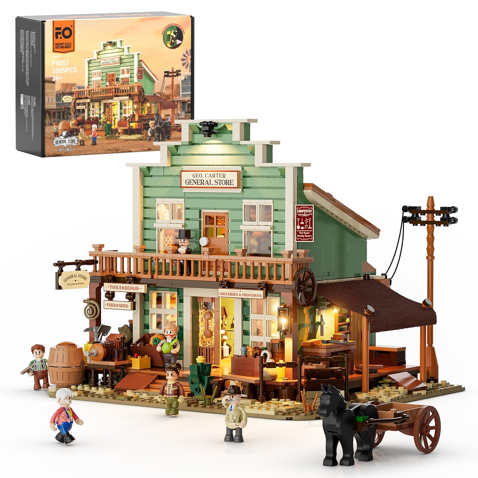 FUNWHOLE Western General Store Building Set – 1895 PCS Wild West Town Model Kit with Removable Roof, Hidden Chamber, Vintage Details, Modular Design – Story Playset for Adults & Teens