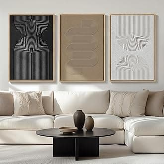 Large Framed Black and White Neutral Abstract Wall Art for Living Room, 3 Piece Boho Canvas Prints Paintings Artwork for Walls, Minimalist Geometric Pictures for Hallway Office Wall Decor 24x36 In