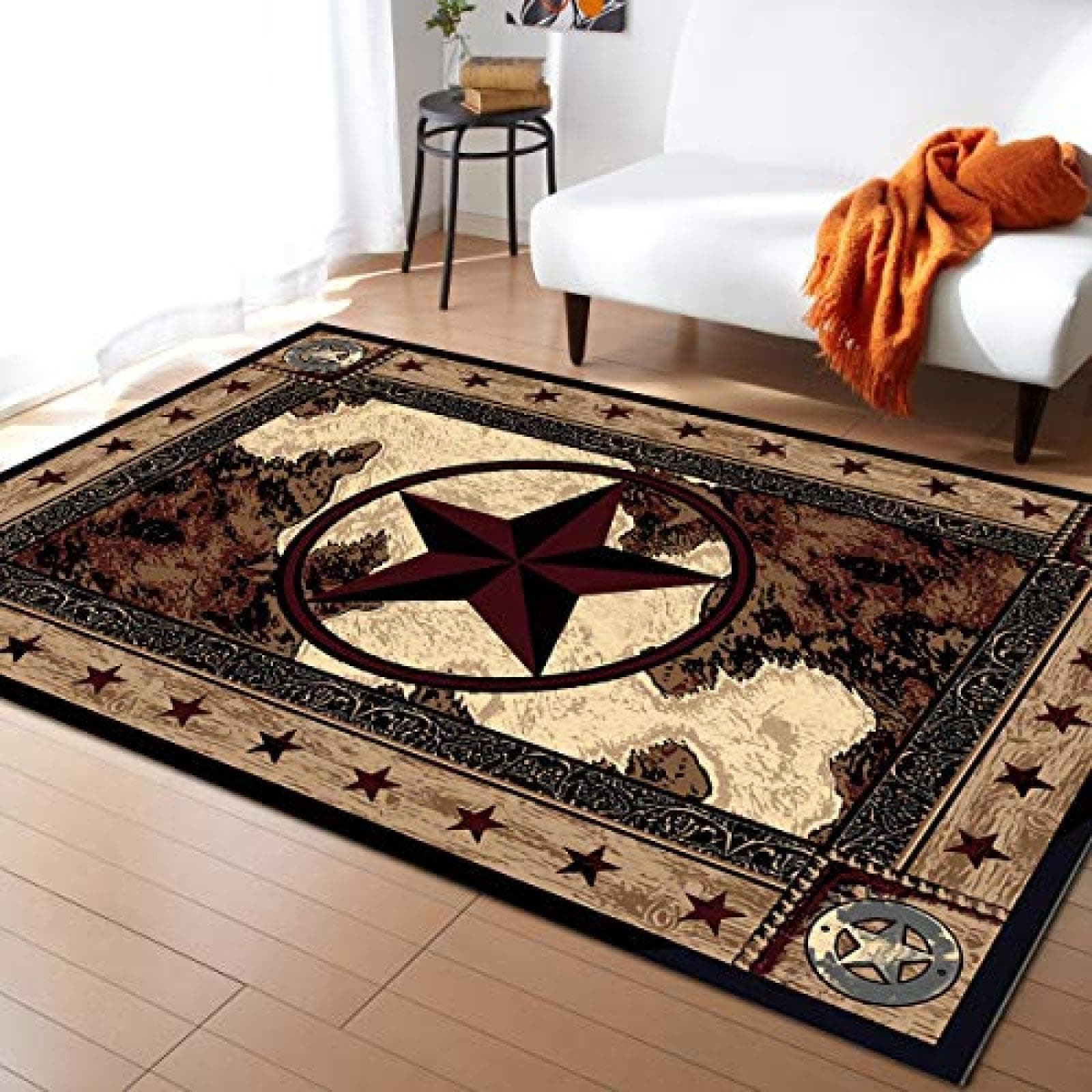 American Rustic Western Texas Star Area Rug, Modern Brown 5' x 6' Living Room Rugs, Ultra Soft Non-Slip Machine Washable Carpet for Bedroom Farmhouse Office Hallway