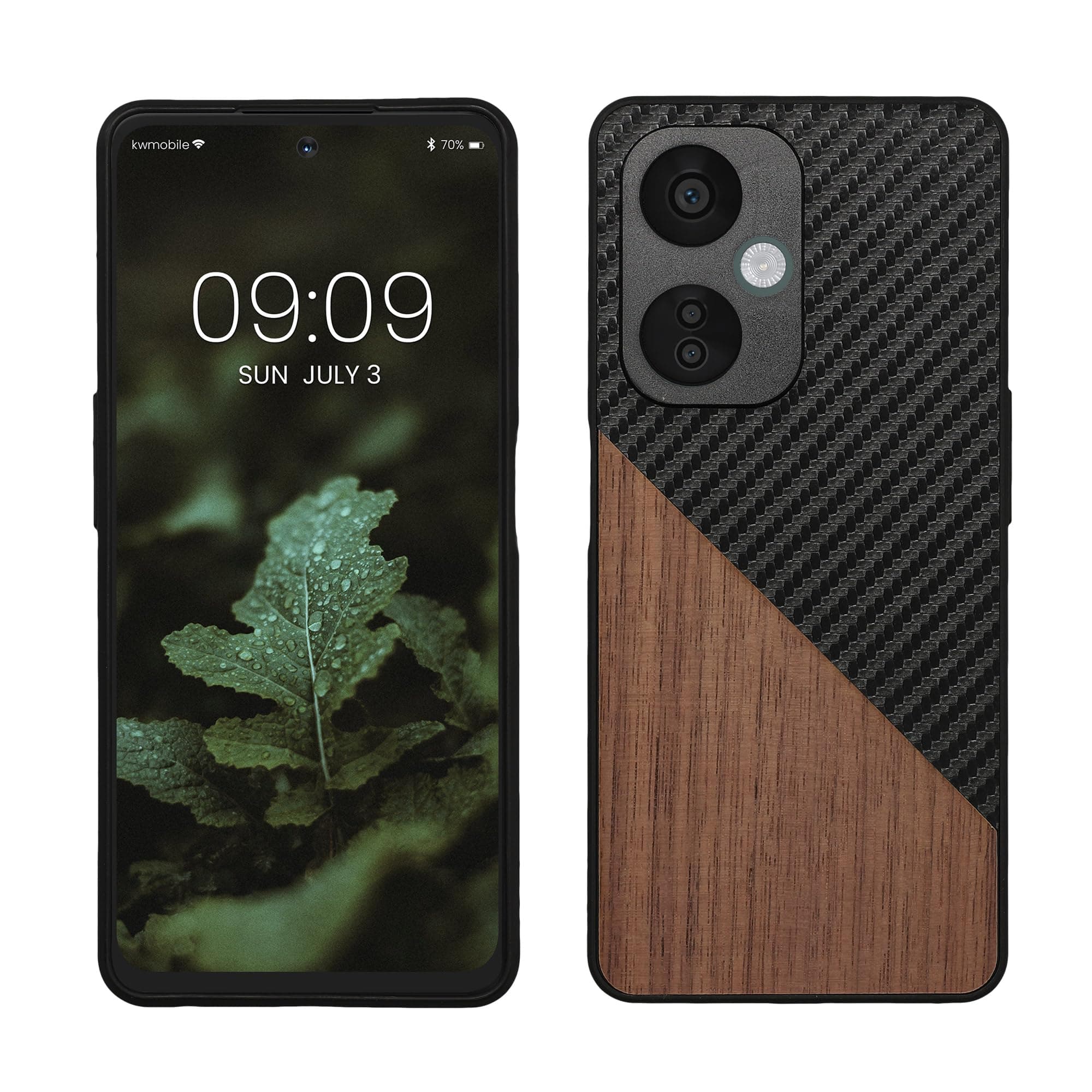 kwmobile Case Compatible with OnePlus Nord CE 3 Lite 5G / Nord N30 5G - Hard Phone Cover with TPU Bumper and Wood/Carbon Back - Dark Brown/Black