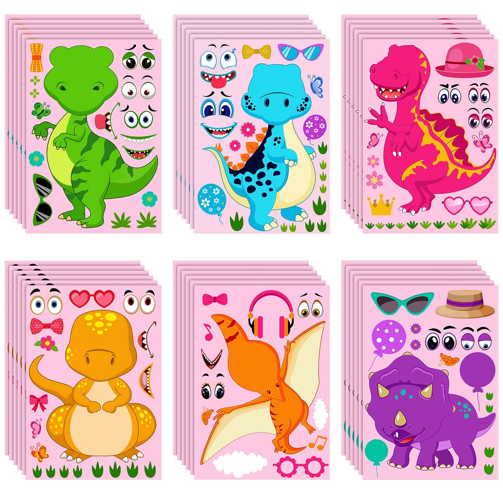 Zonon 36 Sheets Make Your Own Dinosaur Sticker Dino Stickers for Kids Toddlers Dinosaur Birthday Party Favors Make- A-face-Stickers for Boys Girls DIY Craft Birthday Party Favor Supplies(Sweet Style)