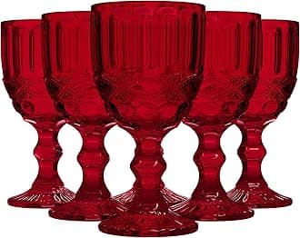 Elle Decor Vintage Wine Glasses, Set of 6-8.4oz Colored Glass Goblets for Red/White Wine, Cocktail, Iced Tea - BPA Free Drinkware for Summer Parties Dining & Entertaining (Red)