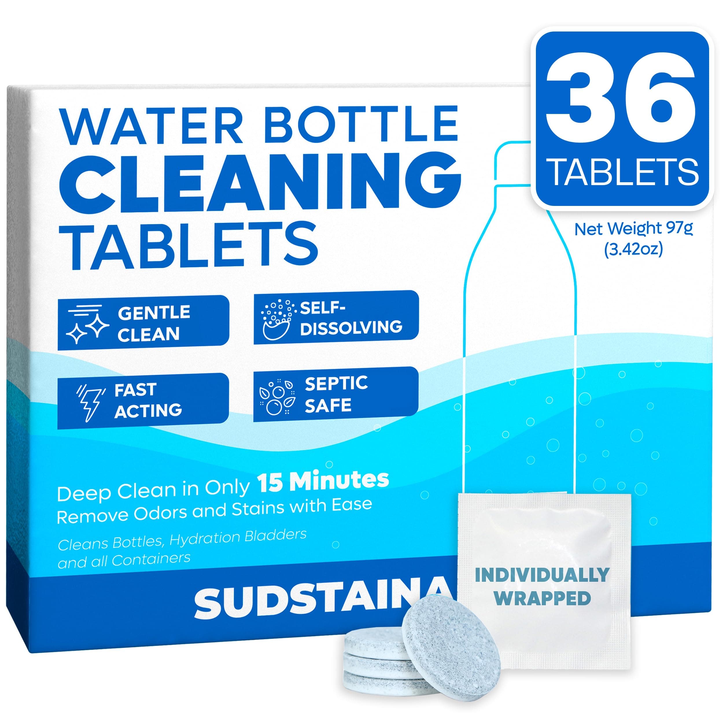 Sudstainables Water Bottle Cleaning Tablets – 36-Pack | Chlorine-Free & Odor-Control Formula | Water Bottle Cleaner, Flasks, Hydration Packs & Travel Mugs | Washer Tablets for Home, Hiking & Camping