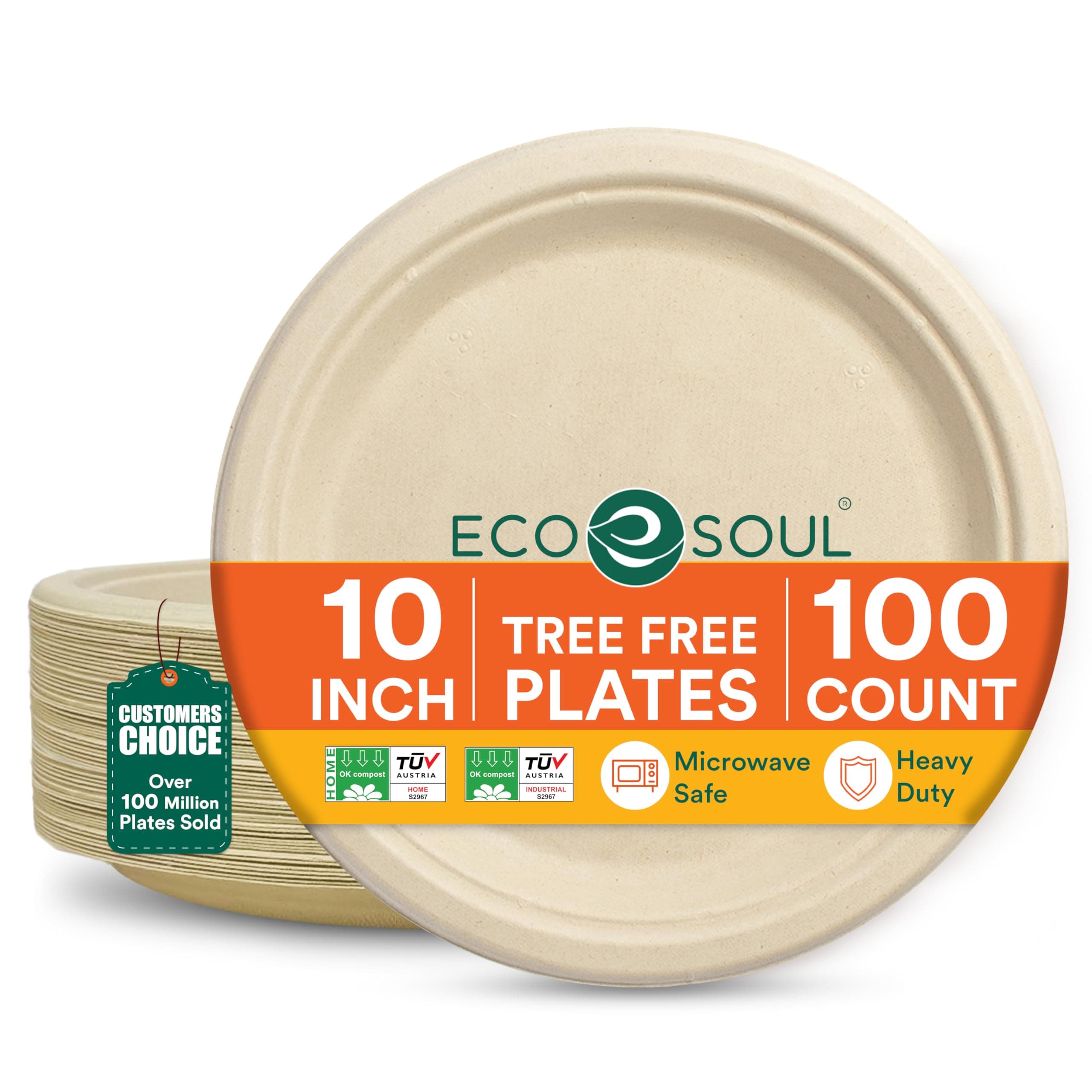 Compostable Paper Plates 10 Inch, 100 Pack – Heavy Duty Disposable Paper Plates, Biodegradable Sugarcane Bagasse, Durable & Microwave Safe, Unbleached Round Dinner Plates for Party, Picnic