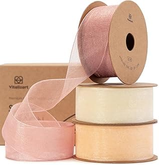 Cream & Rose Gold Organza Sheer Ribbon 1 inch x 30Yd Pink Ribbon Handmade Fabric Ribbons for Gift Wrapping Christmas Tree Crafts Bows Wedding Invitations Wreaths Wrap Peach