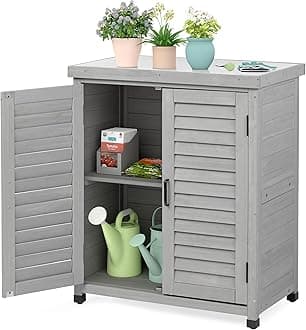 Outdoor Storage Cabinet & Potting Bench Table with Metal Top, Wooden Patio Furniture, Garden Workstation (Accent Grey, 36x31x17in)