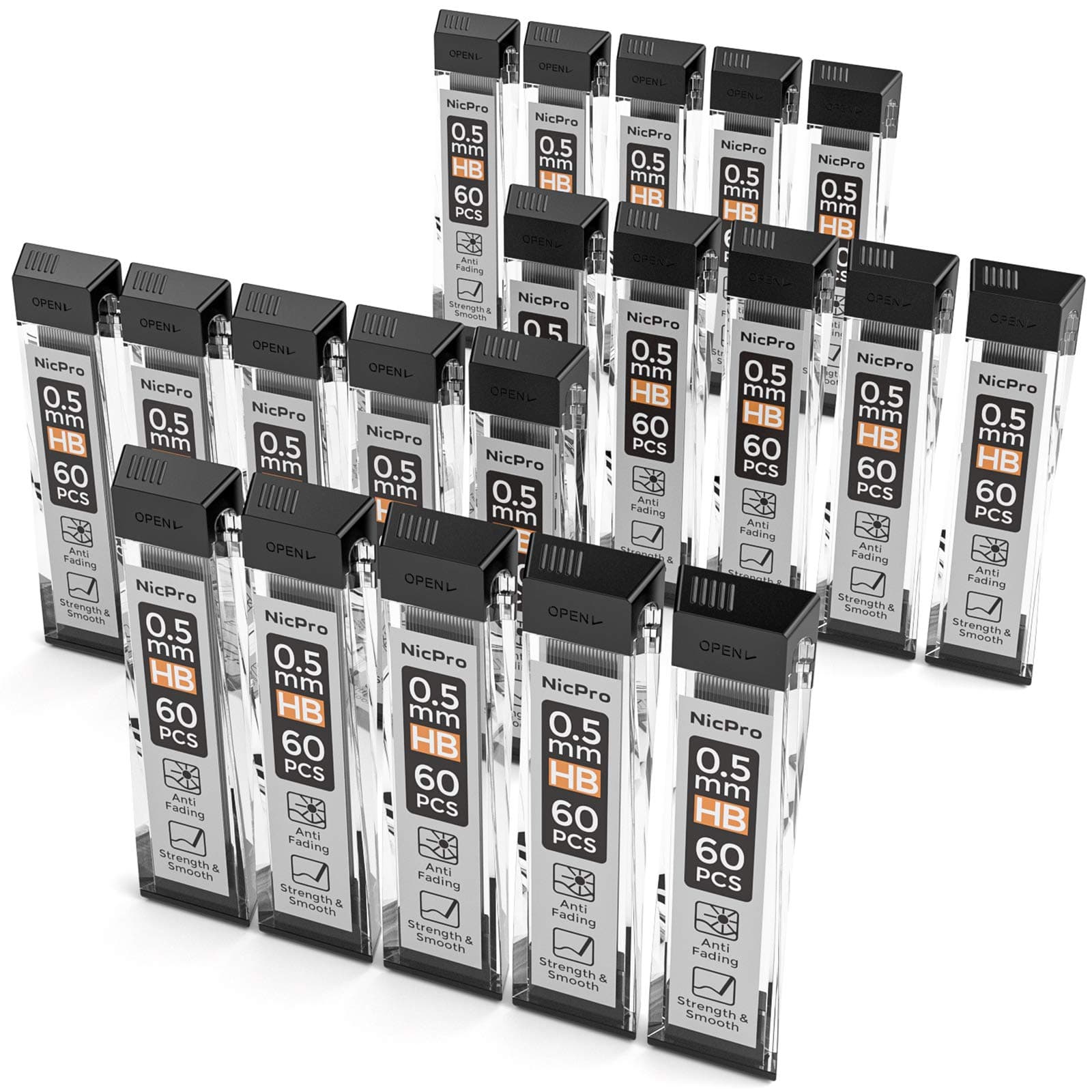 Nicpro 1200 PCS Lead Refills 0.5mm HB #2 Break Resistant Mechanical Pencil Refills 0.5 mm, 60 Pack Per Tube, 20 Tubes