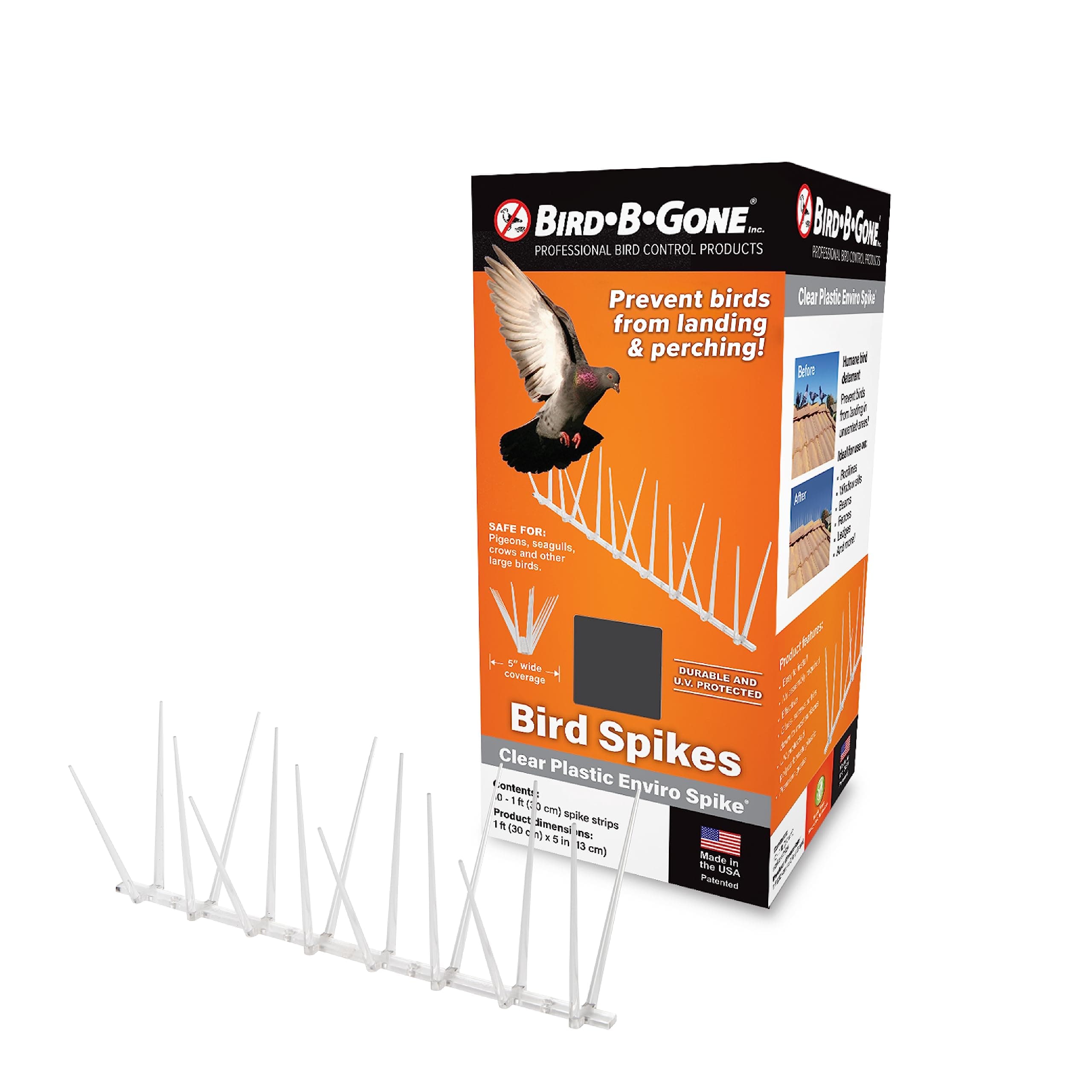 EnviroSpike Plastic Anti Bird Spikes (10' Kit) - Humane Deterrent - Stops Pigeons & Birds from Roosting - UV-Stabilized Polycarbonate - for Rooftops, Ledges, Fences, Etc - Made in USA