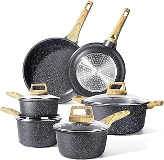GiPP Pots and Pans Set Non Stick - Grey Granite Kitchen Cookware Sets, 10 Pcs Nonstick Induction Cookware Non-toxic Cooking Pan Set with Lids, PFOS and PFOA Free