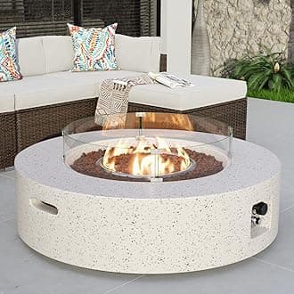 COSIEST Outdoor Propane Fire Pit Coffee Table w Beige 42 inch Round Base Patio Heater, Certified, 50,000 BTU Stainless Steel Burner, Wind Guard, Tank Outside, Free Lava Rocks, Waterproof Cover