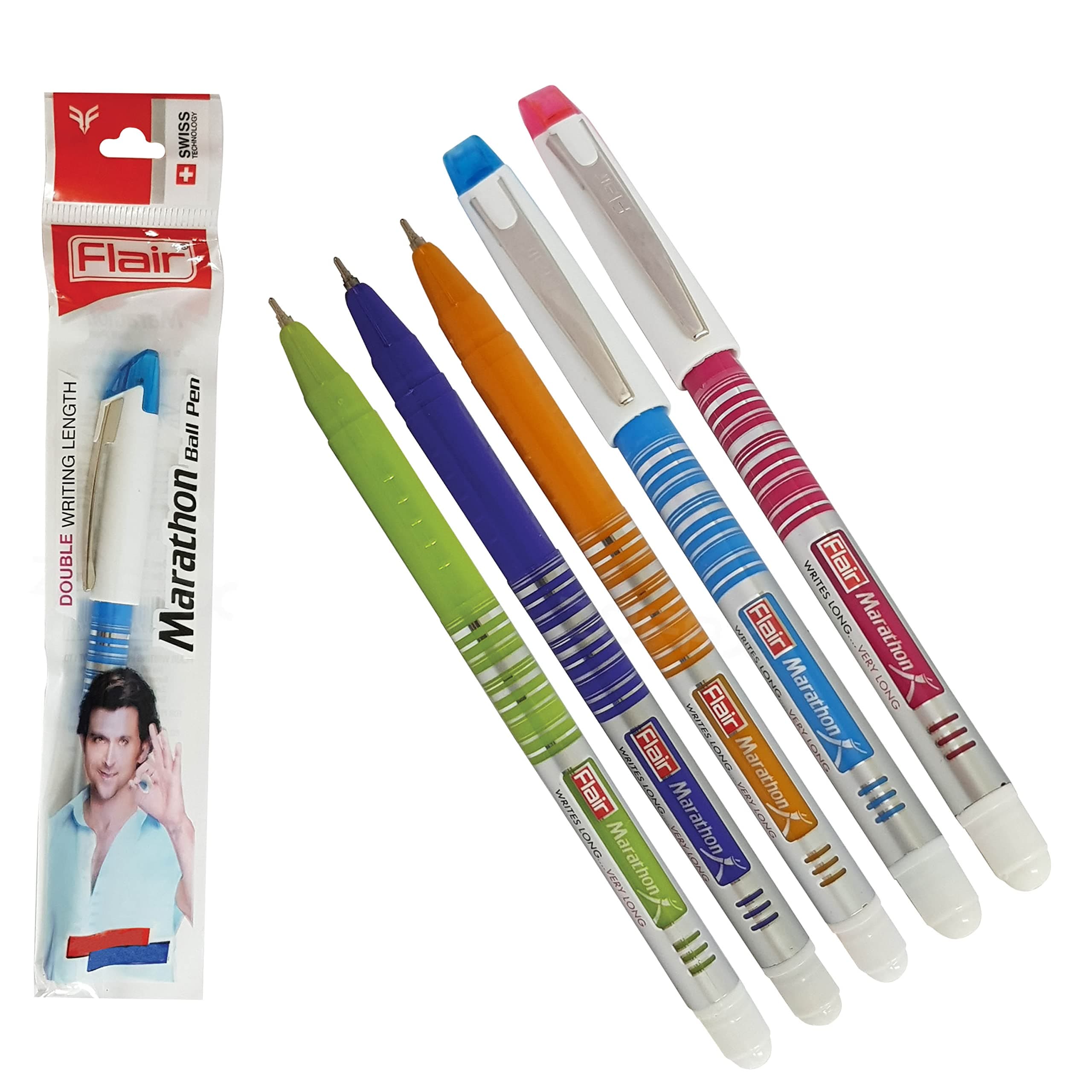 FLAIR Marathon 5 x 0.7mm Fine Point BLUE Ink Biro Ballpoint Pens Smooth Writing