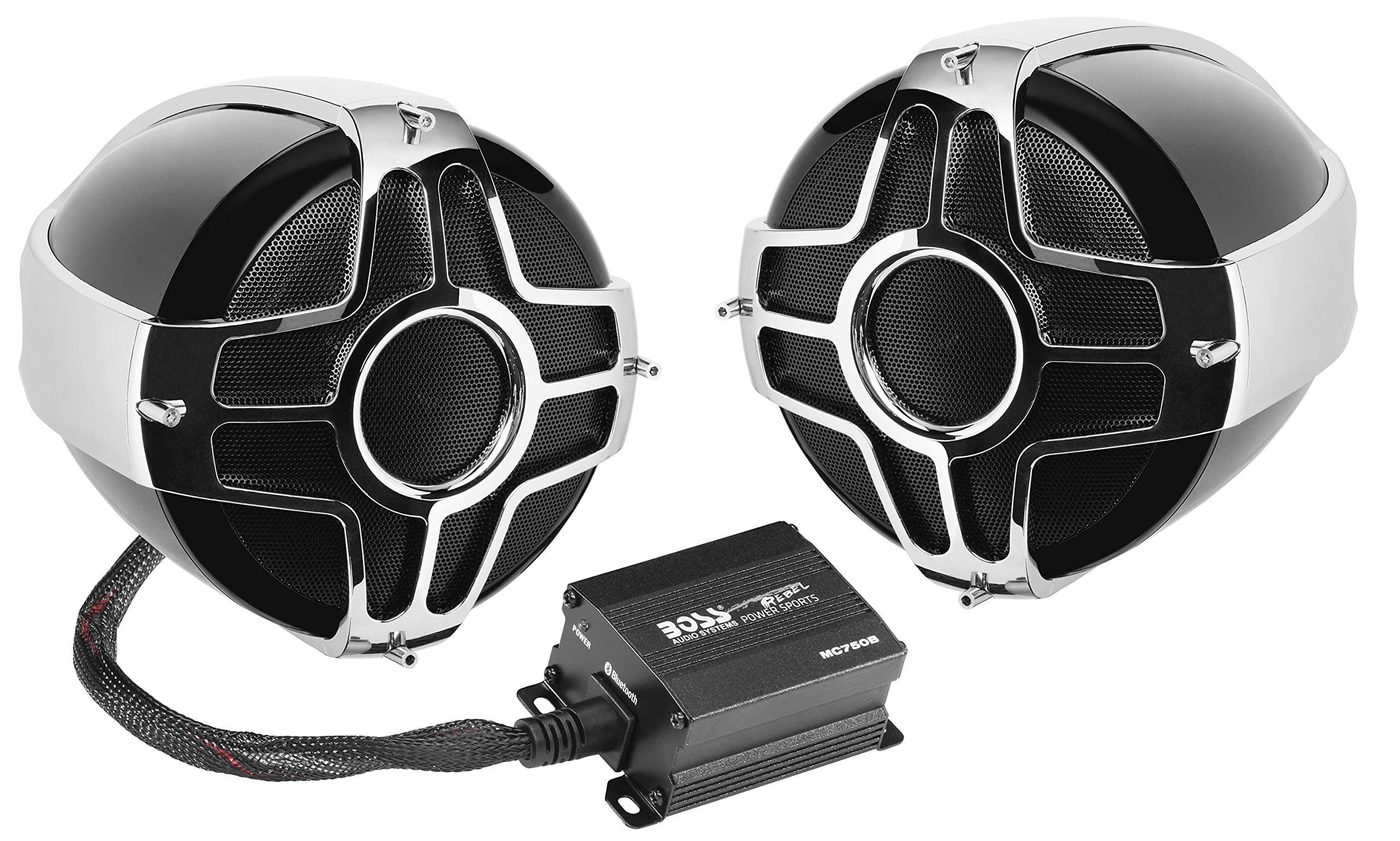 BOSS Audio Systems MC750B Motorcycle ATV Speaker System - Bluetooth, Weatherproof, 2 4 Inch Speakers, 1 2 Channel Amplifier, 1 Volume Control, Ideal with ATV Motorcycle 12 Volt Vehicles