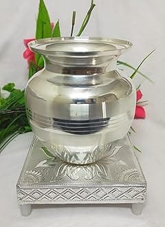 Samukkaras Pure German Silver Hand Made Laser Design Pooja Kalash with Chowki for Temple and Home/German Silver Lota (Pitcher) with Base Stand for Pooja/German Silver Lakshmi Pooja Kalash (Small)