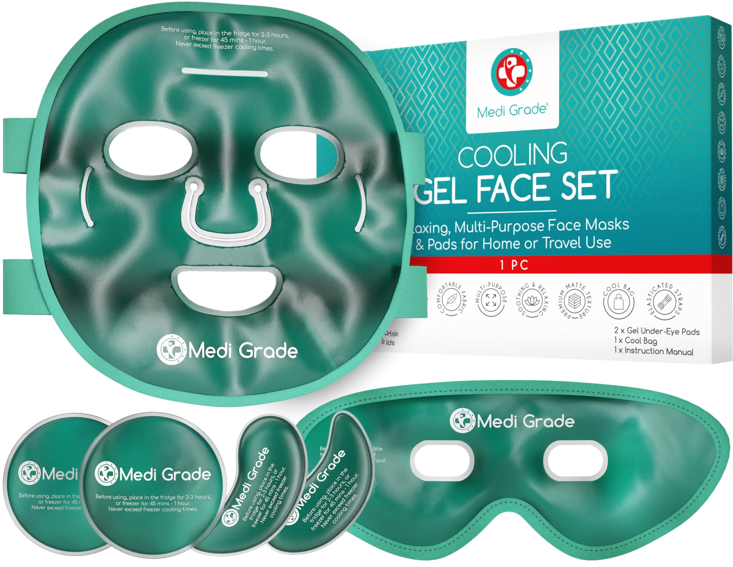 Cooling Face Mask and Cold Eye Mask - Safe Gel Technology Complete Eye, Under Eye and Face Ice Pack Set - Soothing Cold Face and Eye Masks for Dark Circles and Puffiness - Cool Bag Incl.
