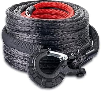 Synthetic Winch Rope 3/8'' x 100ft, 25000LBS Synthetic Winch Line Cable Rope with Protective Sleeve + 35000LBS Forged Winch Hook for Off Road Vehicle ATV UTV SUV Truck Boat Winch Accessory