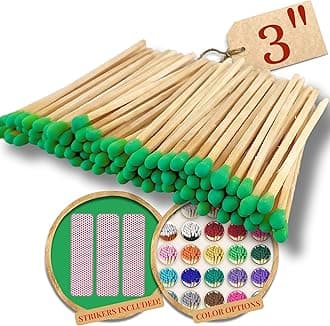 200 Count - 3" Long Green Color Matches | Three Inch Coloful Loose Wooden Safety Match Sticks for Candle Display | Refill Decorative Jar Holder Bottle | Striker Included