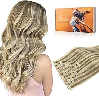 DOORES Seamless Clip in Human Hair Extensions, Light Brown Highlighted Medium Blonde 20 Inch 7pcs 110g, Clip in Straight Remy Invisi Edge Hair Extensions