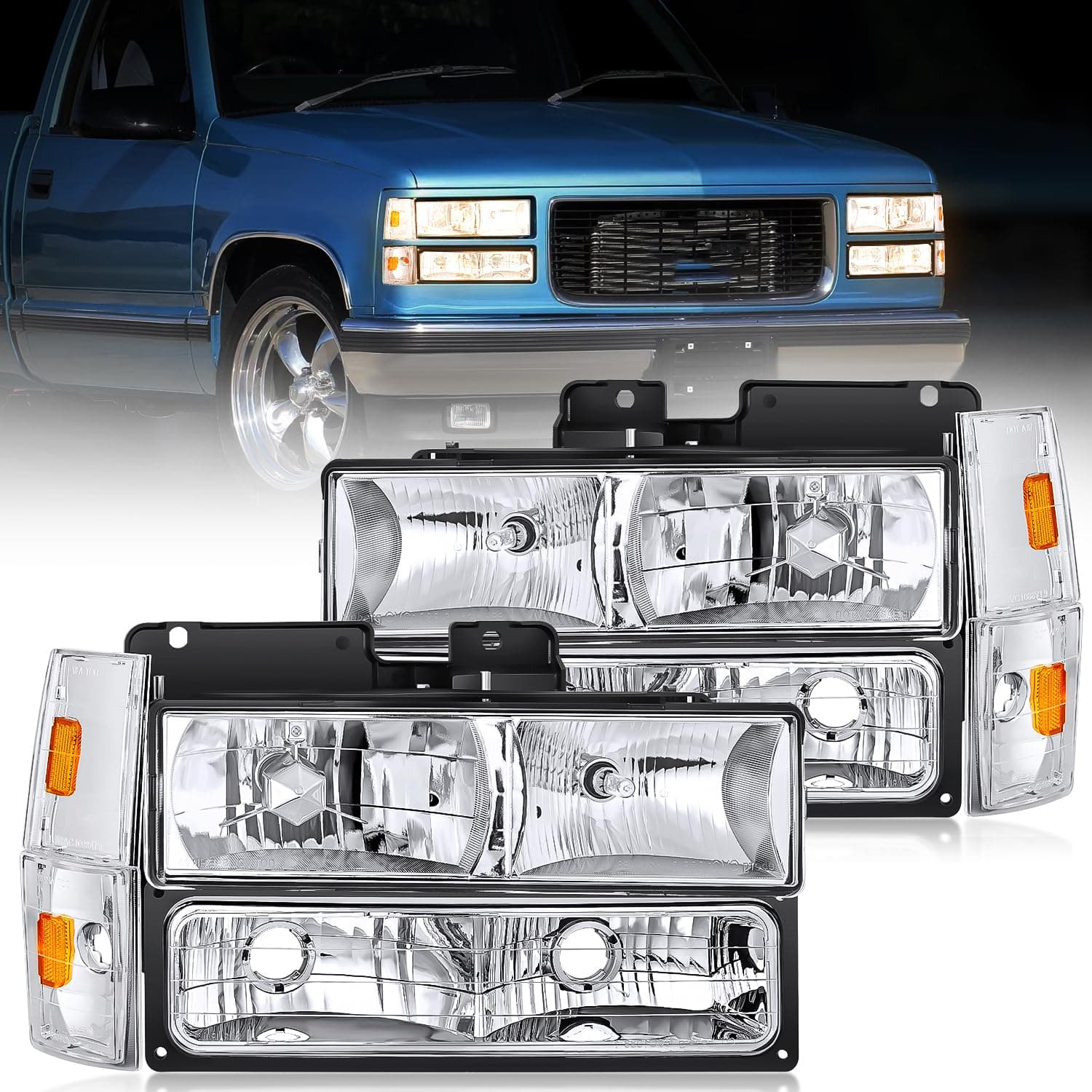 Headlight Assembly Compatible with 1988 1989 1990 1991 1992 1993 Chevrolet GMC C/K 1988-1993 Silverado Suburban Sierra Blazer Tahoe Yukon Chrome Housing Amber Reflector