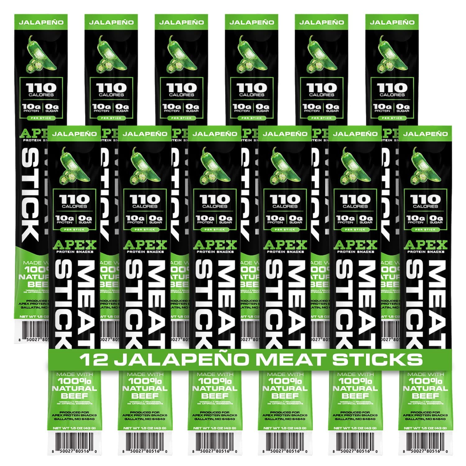 Apex Meat Sticks Protein Snacks, High Protein Meat Sticks, High Protein, Low Sugar, Low Calories, Gluten Free, Keto Snack (12 Meat Sticks, Jalapeno)