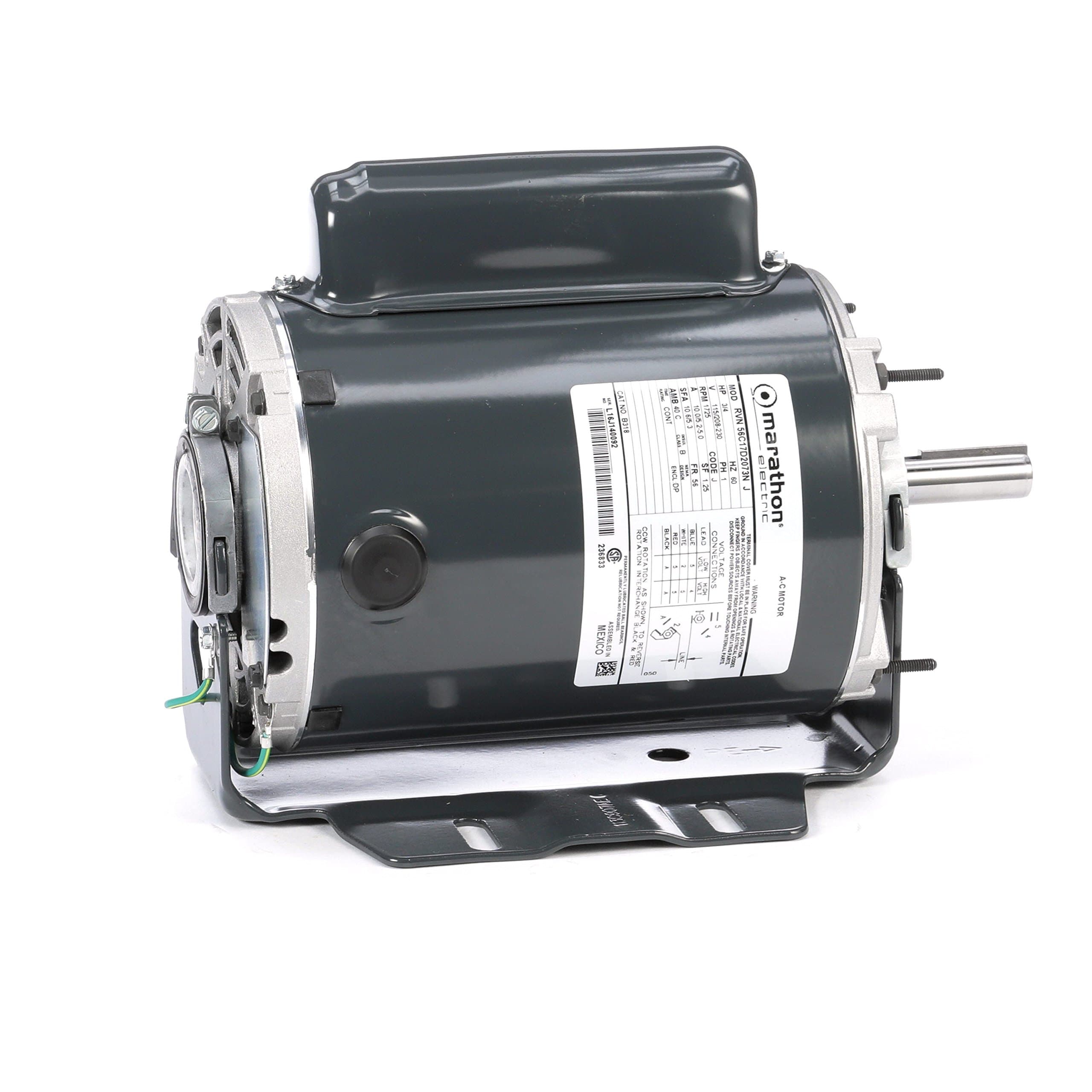 Marathon B318 Fan and Blower Motor, Single/Split Phase, Protection - None, 3/4 hp, 1725 RPM, 115/208-230V, 10.0/5.2-5.0 amp