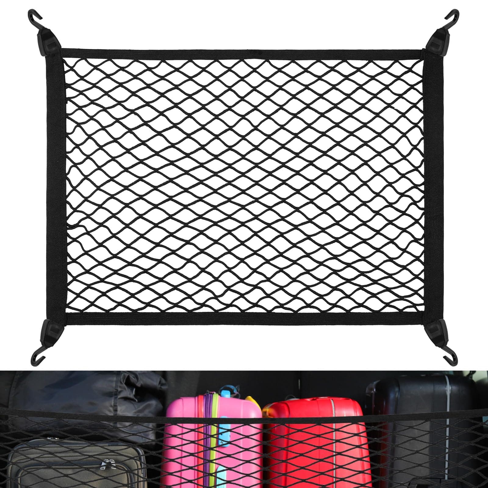 Cargo Net 60x40cm - Elastic Nylon Baggage Organizer for Car Boot, Trunk, Vehicle, Van, SUV - 4 Hooks Included (Black)