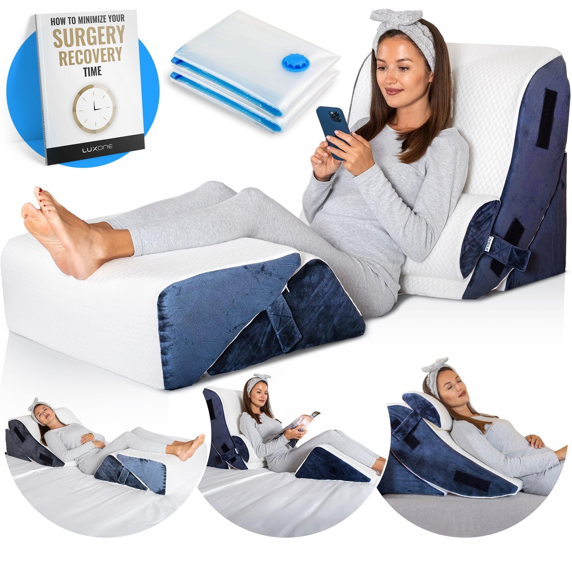 Luxone 5 Pcs Orthopedic Wedge Pillows for After Surgery - Adjustable Memory Foam Pillow Set for Acid Reflux + Head, Neck, Back and Leg Pain Relief - Backrest Pillows for Bed, Sofa, Floor - Bed Wedges