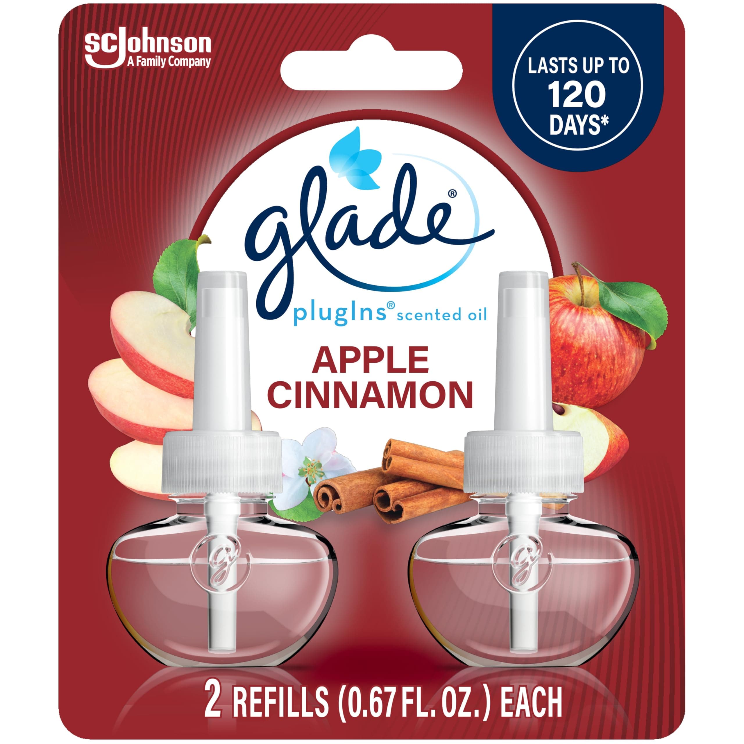 Glade PlugIns Refills Air Freshener, Scented and Essential Oils for Home and Bathroom, Apple Cinnamon, 1.34 Fl Oz, 2 Count