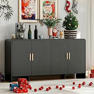 ONBRILL 60" Sideboard Buffet Cabinet with Storage, Curved Design Farmhouse Modern Coffee Bar Cabinet with 4 Doors & Adjustable Shelves for Living Room, Kitchen, Hallway, Black