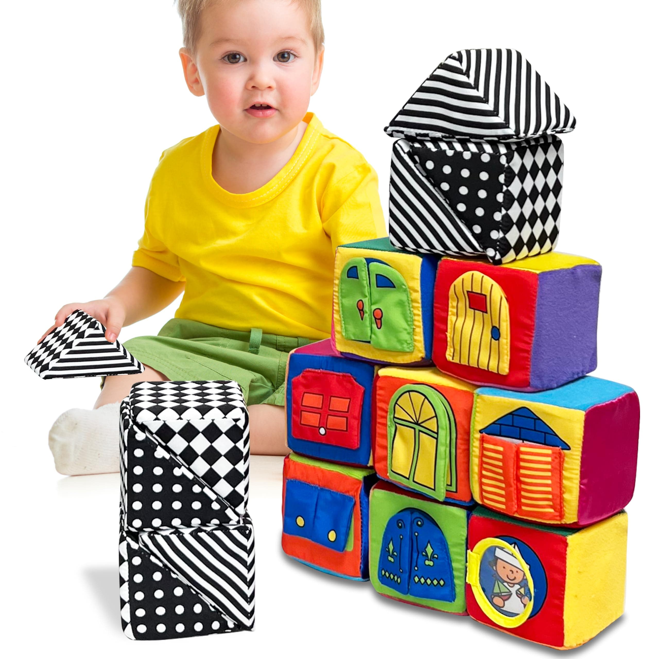 Small World Toys Soft Baby Blocks: Knock-Knock Stacking Blocks Infant Toys for 0-36 Months, High Contrast Montessori Baby Toys,16 Pcs Development Baby Toys Newborn Boys and Girls