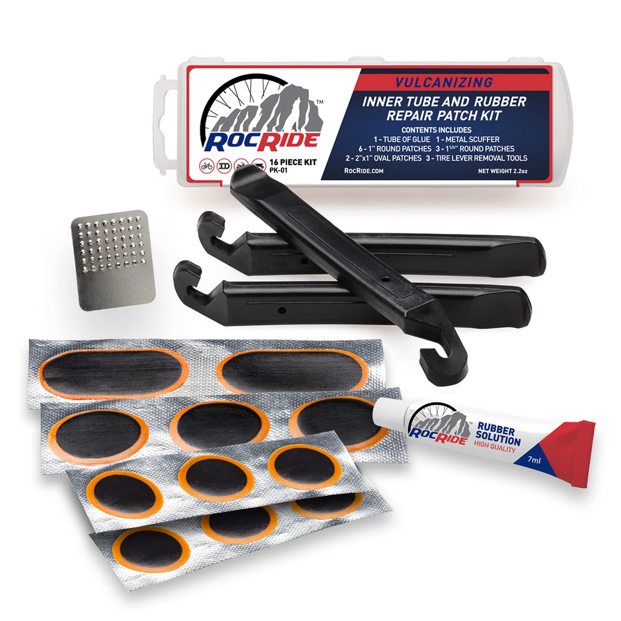 16-PC Inner Tube Patch Bicycle Repair Kit. Also for Inflatable Dinghies, ATVs, BMX and Motorcycles.