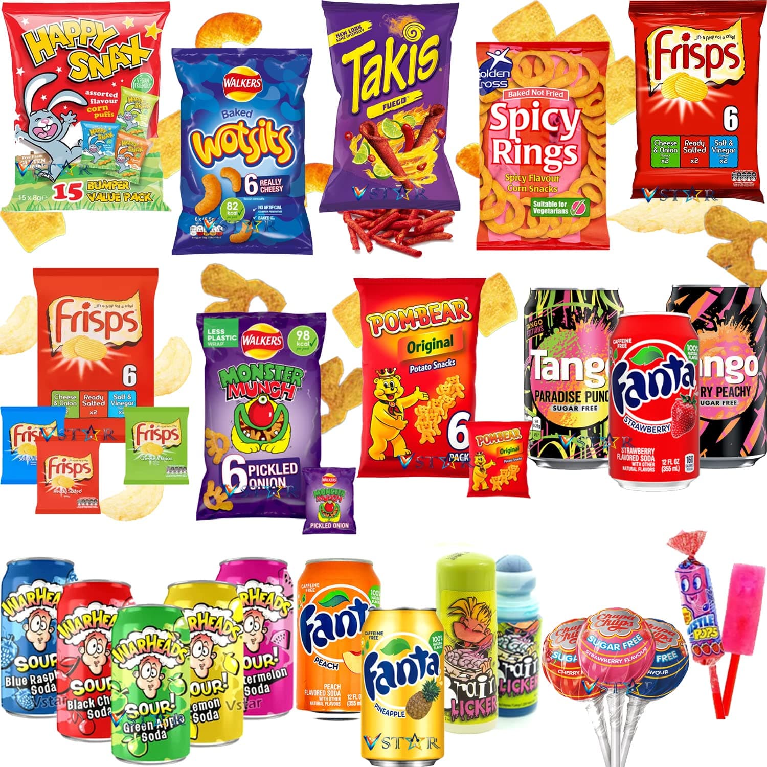 Chips Bags & Summer Drinks Collections - Beach Snacks Packs - 13 x Mixed Variety of Beach Snacks & Soda Cans