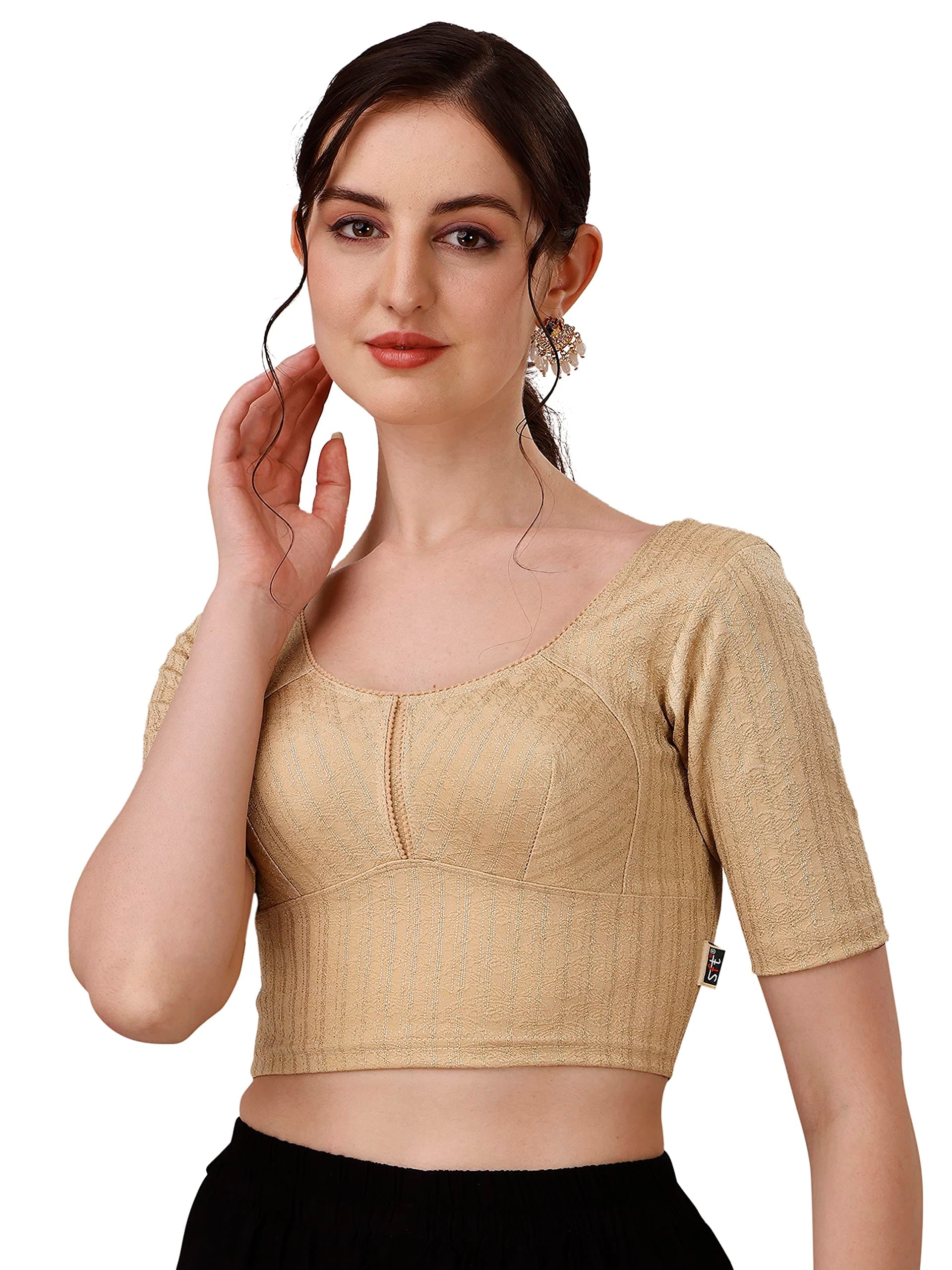 SFTRound Neck Cotton Lycra Stretchable Elbow Sleeves Readymade Saree Blouse for Women Stylish