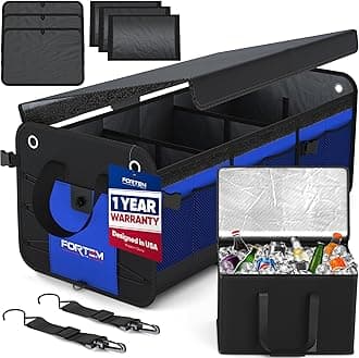 FORTEM Car Boot Organiser, Tidy, Storage, Collapsible Multi Compartment Non Slip Bottom, Adjustable Securing Straps, Foldable Cover (3 Compartments w/Cooler, Blue) (RAI-1379)