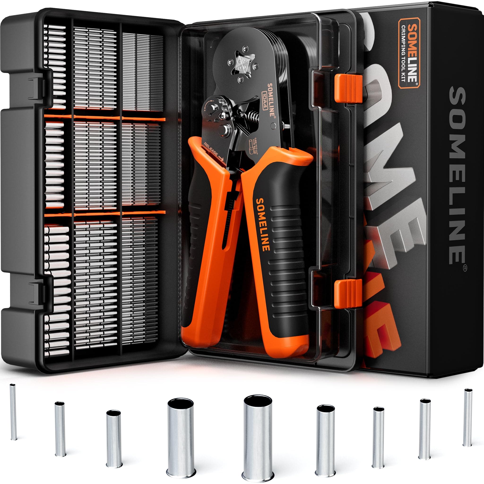 SOMELINE Non-Insulated Ferrule Crimping Tool Kit,Self-Adjusting Crimping Pliers for wire ferrules AWG 24-8,with 9 Sizes Non-Insulated Wire Ferrules,Square Crimping Pliers Crimp Connector Kit