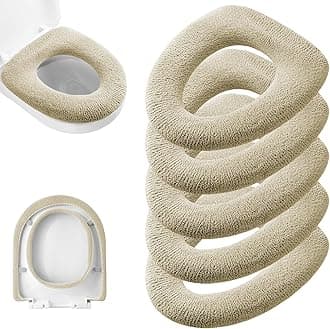 Legigo 5 Pack Thicker Bathroom Toilet Seat Cover Pads- Soft Warmer Toilet Seat Cushion Cover Stretchable Washable Fiber Cloth, Easy Installation Comfortable Toilet Lid Seat Cover(Knit Elongated Beige)