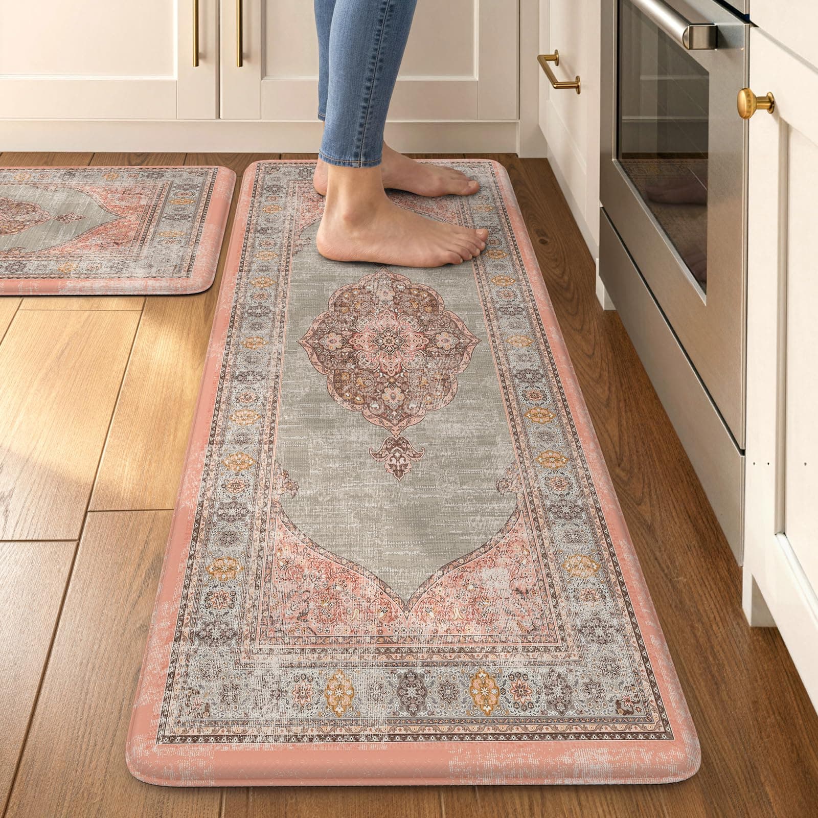 Collive Boho Kitchen Mats for Floor Cushioned, Anti Fatigue Waterproof Kitchen Rug Set of 2 Non Skid Comfort Standing Mat for Office, Sink, Laundry, 17.3"x29"+17.3"x47"(Coral & Greige)