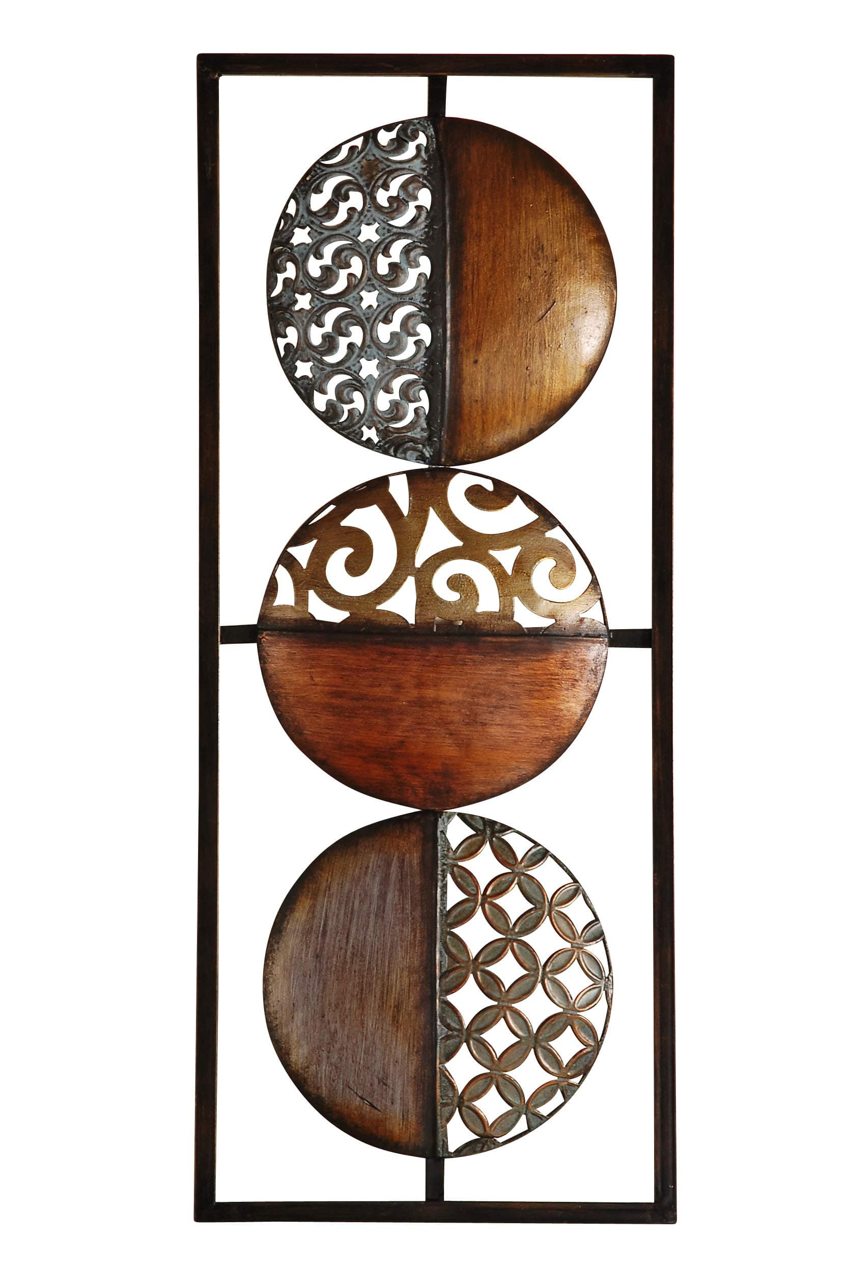 Whole House Worlds Wall Décor - Rustic Wall Object, Metal Wall Art, H69 cm, Floating Circles in a Rectangular Frame, vertical hanging, Iron