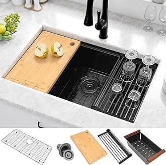 LQS Black Undermount Kitchen Sink, 32 Inch Undermount Kitchen Workstation Sink with X-Shaped Drain Line, 10 Inch Deep Single Bowl Black Kitchen Sinks For Modern Kitchen
