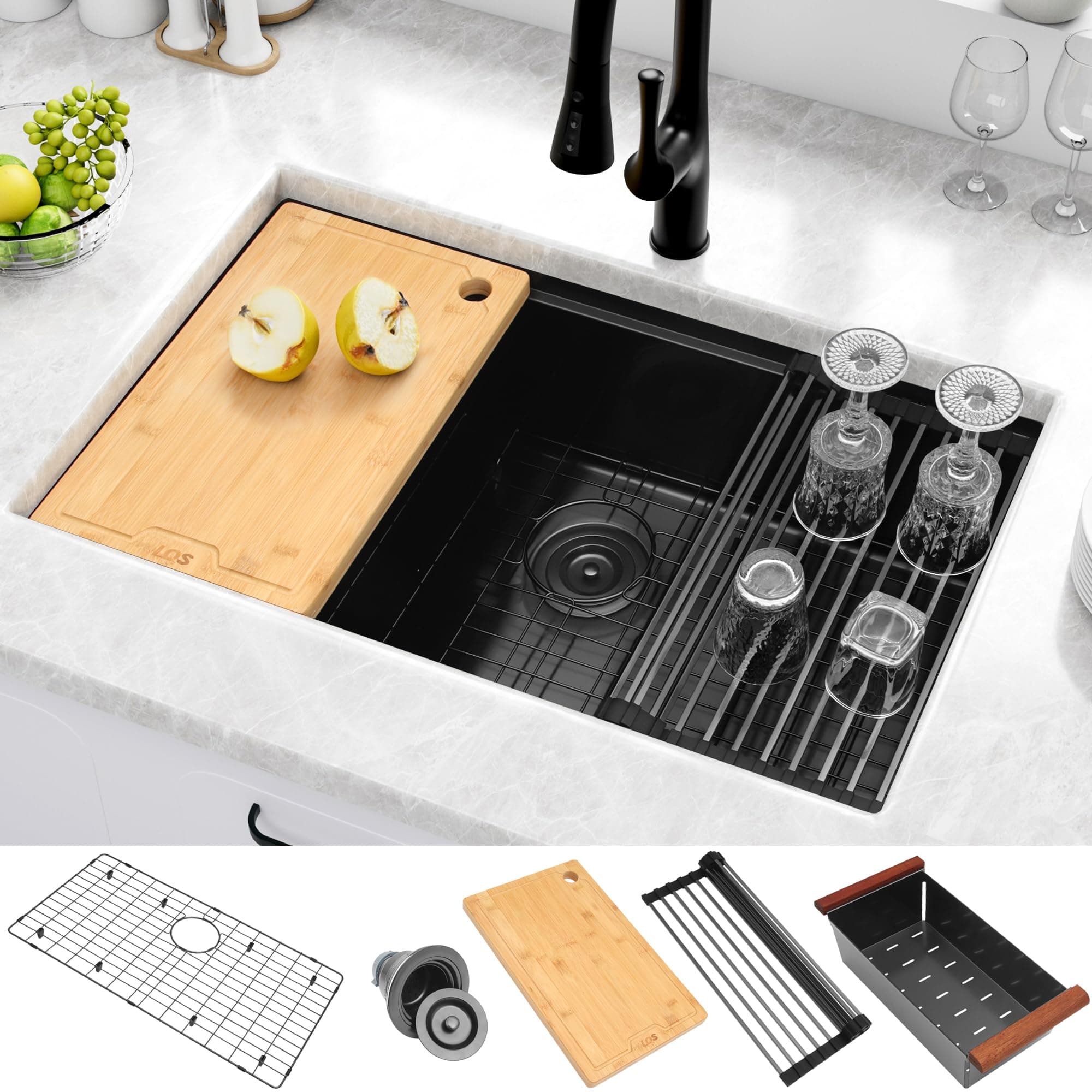 LQS Black Kitchen Sink, 32 Inch Black Undermount Kitchen Workstation Sink with X-Shaped Drain Line, 10 Inch Deep Single Bowl Kitchen Sinks For Modern Kitchen