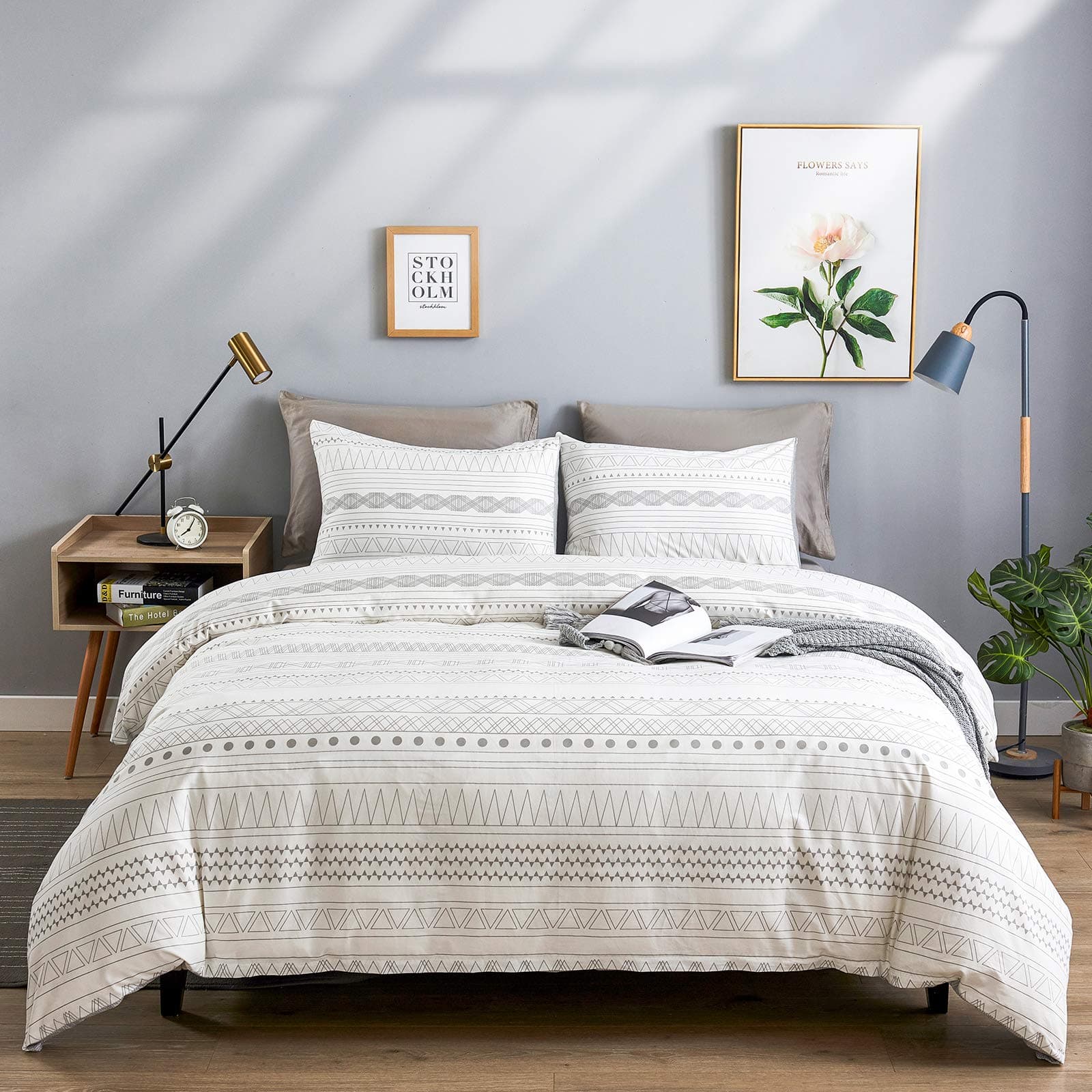 WARMDERN Grey Stripe Boho Duvet Cover Set King, 3pcs Ultra Soft Breathable Aztec Cotton Comforter Cover with Zipper Ties, 1 Bohemian White Duvet Cover & 2 Pillowcase(King,Grey)