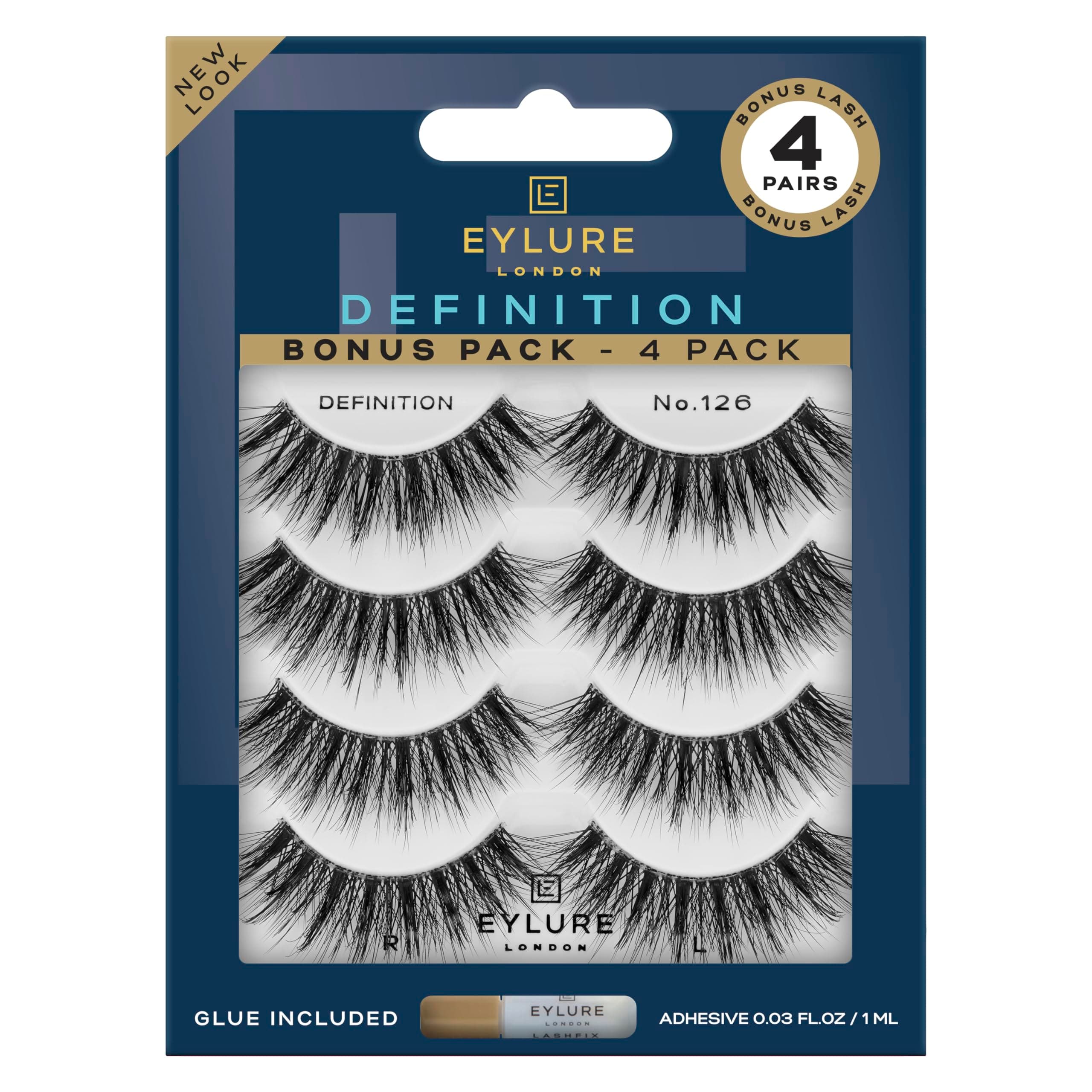 Eylure False Lashes, Definition No. 126 with Adhesive Included, 3 Pair, Black