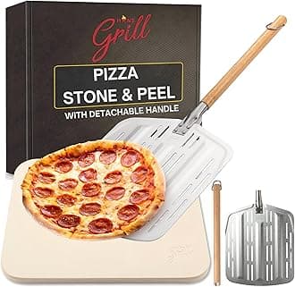 Hans Grill Pizza Stone PRO XL Baking Stone For Pizzas use in Oven, Grill or BBQ FREE Long Handled Anodised Aluminium Pizza Peel | Rectangular Stone 15 x 12" Inches | For Pies, Pastry, Bread, Calzone
