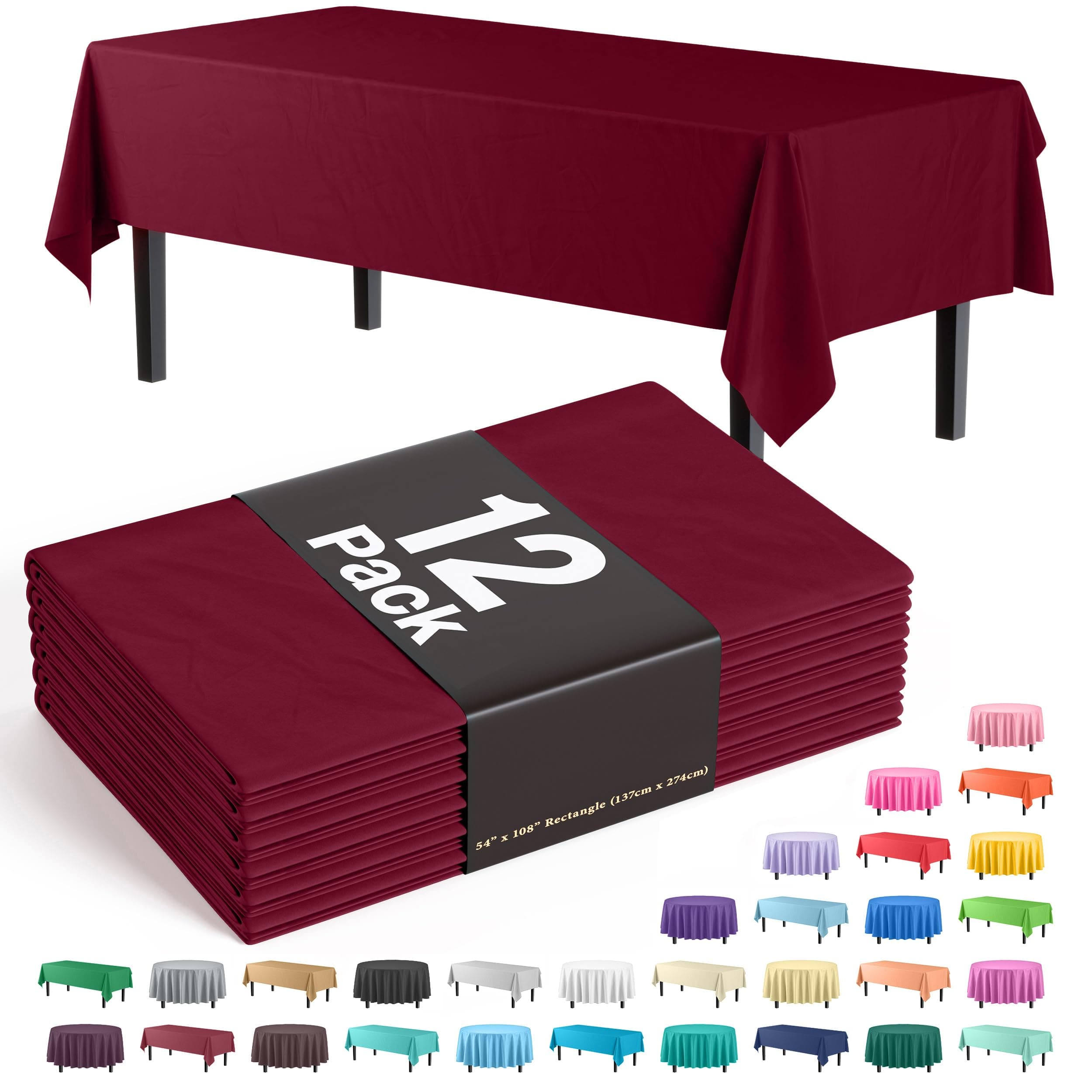 Exquisite 12-Pack Premium Plastic Tablecloth Pack of 12 Premium Plastic Tablecloth 54 Inch x 108 Inch Rectangle Table Cover - Burgundy