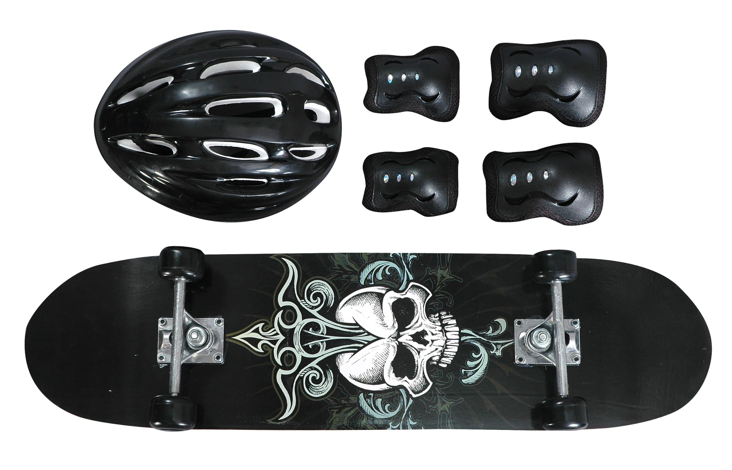Black Skull Design Youth Skateboard Combo Pack with Board, Helmet, Knee and Elbow Pads
