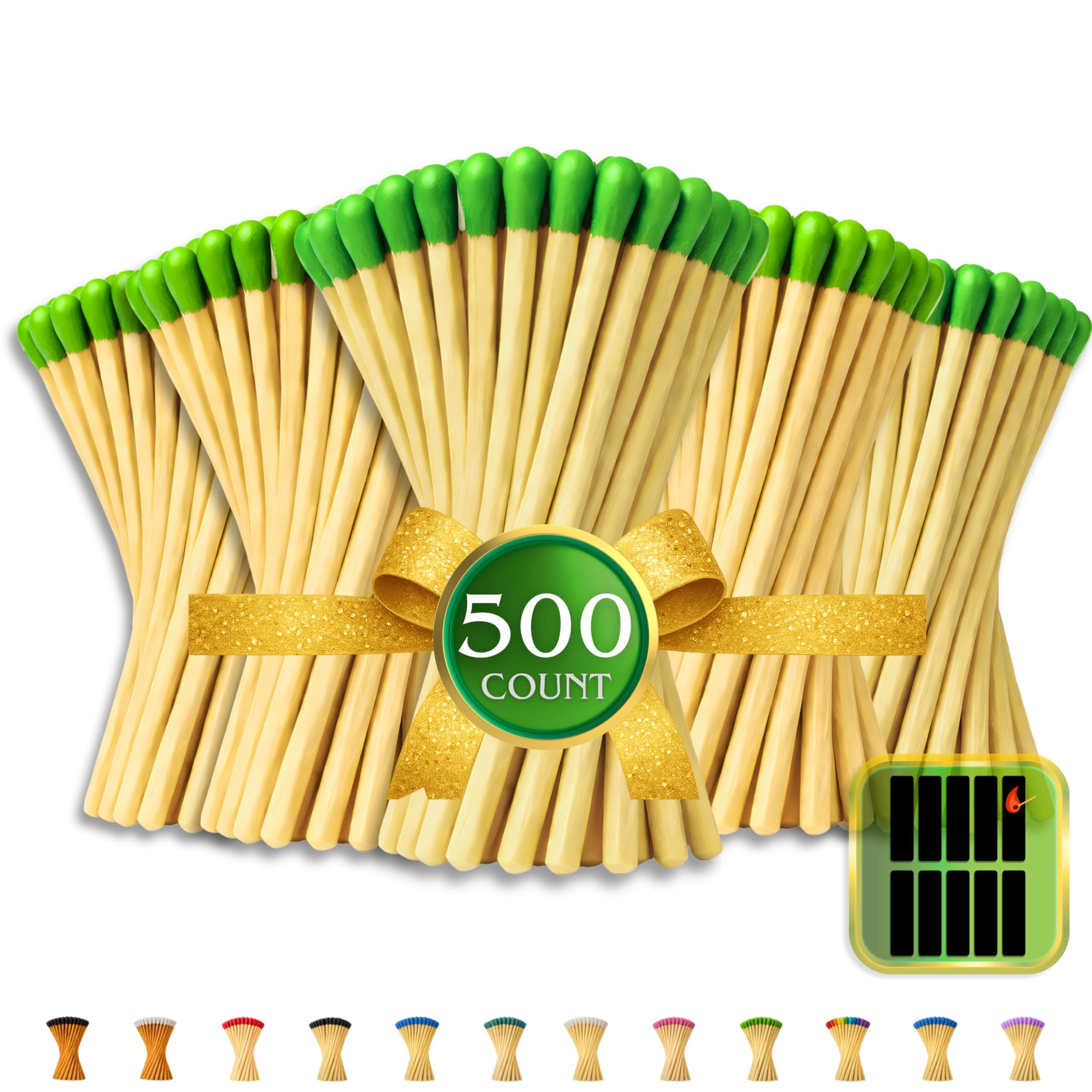 500 Count | 3" Green Matches | Strikers Included | Color Tip Wooden Match | Refill for Matchstick Jars, Candle Display, Holders & Bottles | 4 in inches Long