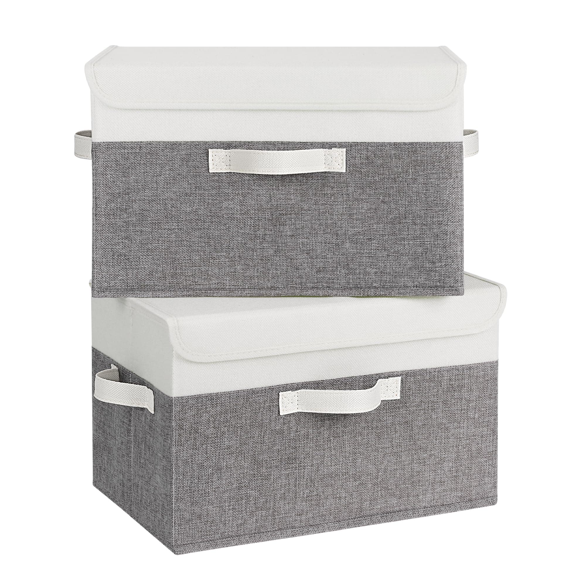 Fabric Storage Boxes, Pack of 2 Closet Storage Organizers for Clothes, Storage Bins with Lids, Large Storage Boxes for Organizing Wardrobe Bookshelf, Organiser Box with Lid, White&Grey